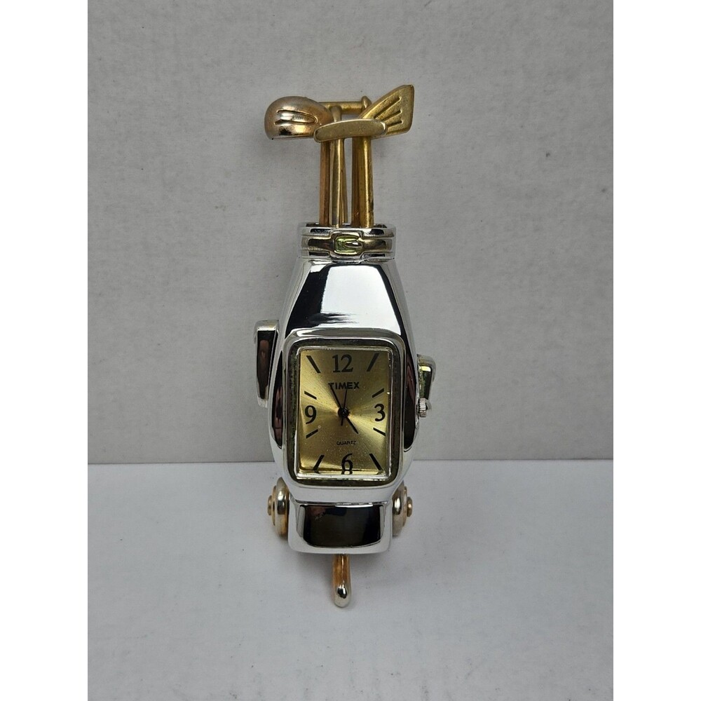 Timex Golf Bag Clubs Mini Clock New Battery Quartz TwoTone Vintage Father - Read
